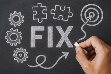 Poster - A chalks the word fix on a board accompanied by symbolic sketches gears puzzle pieces and an arrow hitting a target representing problem-solving and goal achievement in business