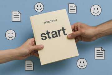Poster - The exchange a welcome folder signifies the initiation collaboration and the beginning a productive business relationship within a positive and supportive environment
