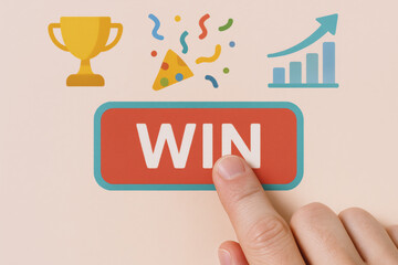 Poster - A pressing a win button symbolizes achievement and growth accompanied by celebratory graphics and rising chart icons that reflect business success