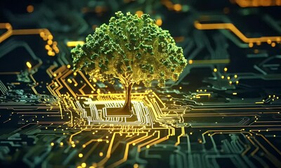 Poster - A tree growing on top of an electronic circuit board, with green lights in the background, 