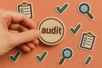 Poster - A careful evaluation is symbolized by the holding a distinct audit badge surrounded by checklists and magnifying icons