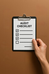Poster - A holds a clipboard illustrating the process reviewing and verifying tasks during an audit checklist