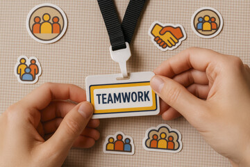 Poster - Collaboration and partnership form the foundation successful teamwork symbolized here by a badge and group icons on a textured background