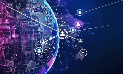 Fototapete - 
Abstract digital technology background with blue and purple colors, global network concept, cyber security system design vector illustration