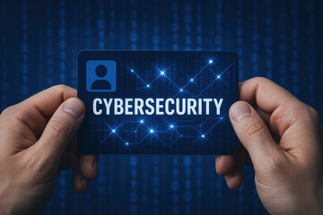 Poster - Digital security concepts are highlighted as hands hold an identification card featuring network connections and data patterns symbolizing protection and access control in business environments