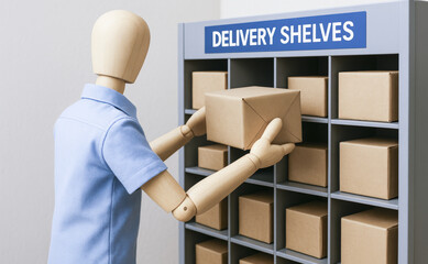 Poster - Efficiency and precision guide the logistic process as careful handling ensures smooth parcel organization on delivery shelves
