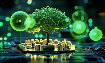 Poster - A tree growing on top of an electronic circuit board, with green lights in the background, 