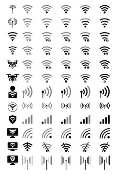 Black and white wifi icon set: a collection of diverse vector symbols for web, mobile, business, and home, including internet, computer, phone, communication, wireless, and travel illustrations