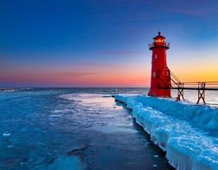 Wall Mural - the holland harbor south pierhead lighthouse also known as big red stands guard on the icy shore of lake michigan at twilight