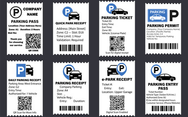 Vector collection of parking ticket and receipt templates with QR codes and barcodes, designed for smart parking systems and transportation services.