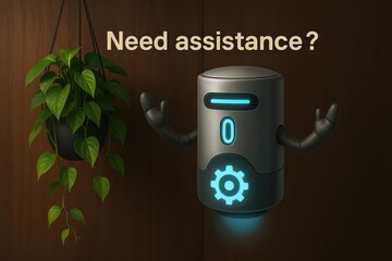 Poster - A modern robot gracefully stands, offering assistance beside a thriving indoor plant. Its technological charm is beautifully contrasted by the touch of nature. customer support service