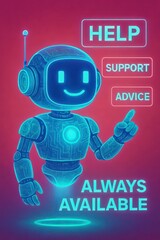 Poster - A friendly and helpful robot, radiating digital charm, stands ready to assist and support. The message 