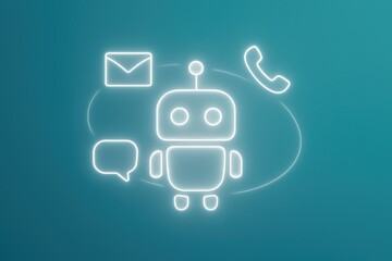 Poster - An illustrative depiction of a friendly robot with communication icons, symbolizing a modern customer service representative in a sleek and futuristic design. customer support service