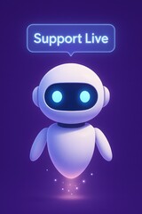 Poster - A friendly robot, glowing with futuristic charm, delivers a message of live support, set against a vibrant purple backdrop. customer support service