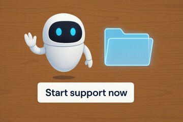 Poster - A helpful robot stands with a folder, gesturing to the start support now button, creating an engaging image that embodies the promise of seamless customer service and tech assistance. 