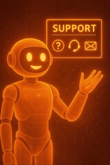 Poster - A friendly robot character offers tech support, showcasing user-friendly interfaces with helpful icons. Capturing the essence of modern technology and digital assistance.