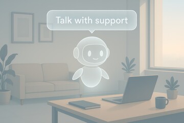 Poster - A futuristic and transparent chatbot, seemingly made of light, hovers gently above a workspace and invites conversation. The digital assistant stands ready to assist.