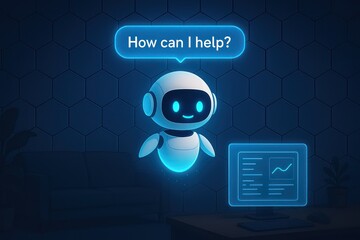 Poster - A friendly AI assistant is ready to help, floating with a cheerful expression next to data visuals, embodying efficient tech assistance. customer support service