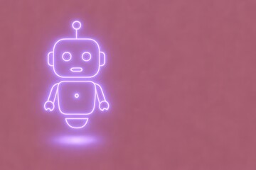 Poster - A futuristic neon robot design glows on a minimalist maroon background, a symbol of cutting-edge technology.