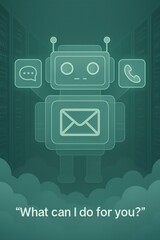Poster - A futuristic illustration of a friendly robot, surrounded by communication symbols, poses a question, highlighting interaction. A sleek, technological scene with a supportive sentiment.