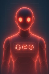 Poster - A futuristic humanoid robot, rendered in a vibrant red glow, stands against a dark background. It features sleek, smooth surfaces and illuminated eyes. customer support service