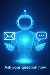 Poster - Futuristic AI-powered customer service concept, a digital representation of a helpful chatbot, offering assistance through messaging and email icons.  customer support service