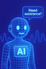 Poster - AI assistance bot offers help. Wireframe design. customer support service
