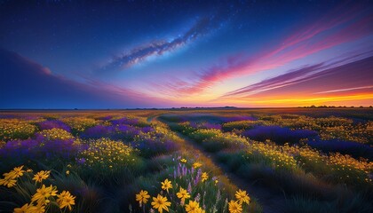 Wall Mural - a twilight sky over a midwest prairie full of blooming rattlesnake master and blazing star