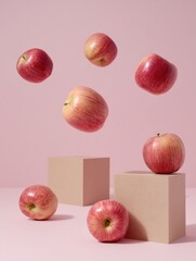 Poster - Floating Apples on Minimal Blocks Create a Modern and Artistic Still Life Arrangement Against a Soft Pink Background