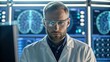 © Johnnii - A focused male scientist in protective glasses analyzes brain scans on digital screens in a high-tech laboratory setting.