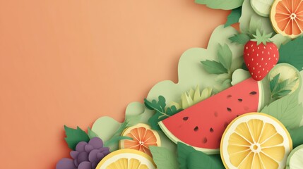 Poster - Colorful Paper-Cut Fruit Arrangement Featuring Watermelon, Lemons, Strawberries, and Other Fruits on a Clean Background
