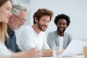 Poster - Diverse team collaborating in a bright, modern office. Focus on a smiling, confident man during a meeting. Represents teamwork, innovation, and success.