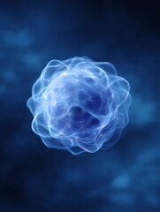 Poster - Abstract blue spherical shape on a dark background. A conceptual design suggesting science, medicine, or technology. Great for presentations or visual aid.