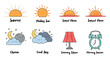© Frodo - Doodle style sun moon cloud weather set with alarm and lamp icons