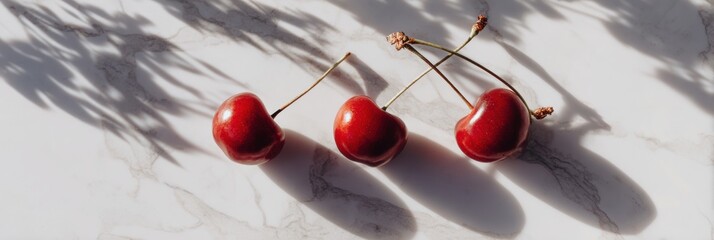Poster - Close-up View of Cherry Stems Casting Shadows on a Marble Surface, Minimalist Composition With Empty Upper Space Enhancing Visual Focus