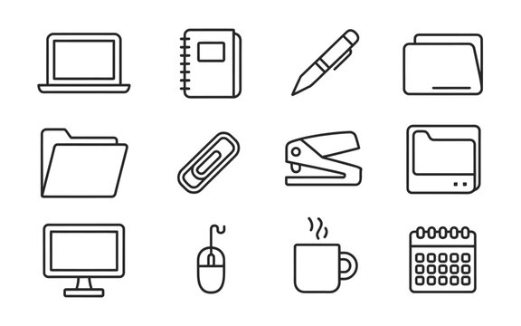 Essential Office Supplies and Stationary Icons Laptop, Notebook, Pen, Folder, and More