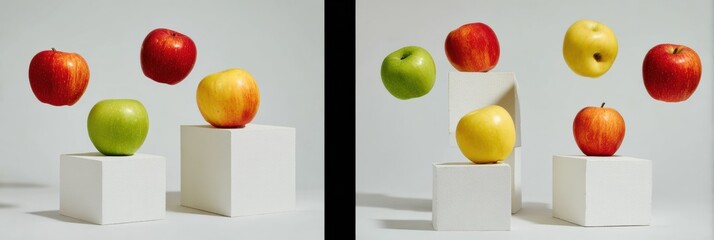 Poster - Floating Apples Arranged on Minimalistic Blocks With an Open Left Margin for Aesthetic Balance and Visual Appeal