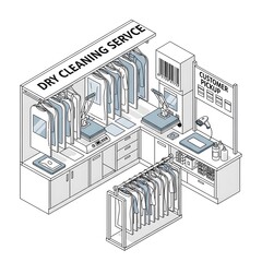Fototapete - Isometric view of a dry cleaning service shop interior displays clothing racks and customer pickup counter in a clean modern design with blue and white color scheme