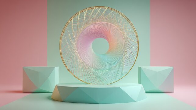 Photo of a pastelcolored geometric display features a circular wireframe on a podium, creating a modern and abstract presentation stage