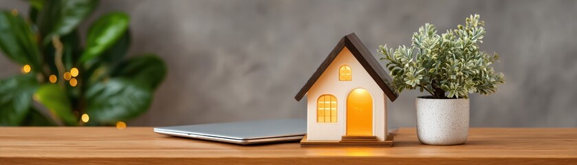 Poster - A cozy home decor scene featuring a decorative house model and a potted plant on a wooden surface.