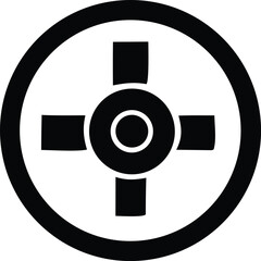 Poster - A stylized black cross symbol with rounded ends is centered within a thick black circle on a white background