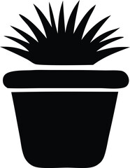 Poster - A simple black silhouette of a potted plant with spiky leaves representing a stylized succulent or grass