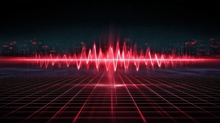 Aufkleber - Futuristic digital sound wave graphic with red elements over a grid, set against a dark background, creating a high-tech ambiance.