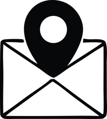 Poster - A black and white graphic icon representing a mail envelope with a location pin marker on top symbolizing correspondence and geographic placement