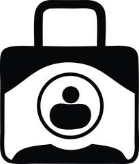 Poster - Stylized black and white icon representing a briefcase with a person silhouette inside a circle symbolizing personal belongings or travel