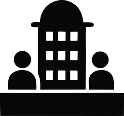 Poster - Simple black silhouette of two people standing at a reception desk in front of a building with a domed roof