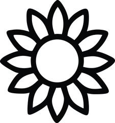 Poster - A bold minimalist black outline of a stylized sunflower with a central circle and radiating petal shapes on a white background