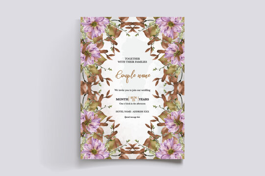 WEDDING INVITATION FRAME WITH FLOWER DECORATIONS AND FRESH LEAVES