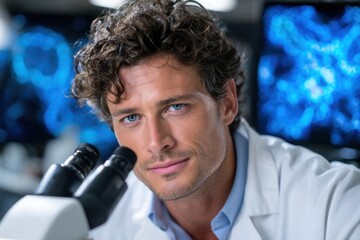 Poster - Researcher working with a microscope in a modern laboratory environment