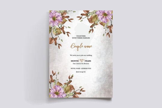 WEDDING INVITATION FRAME WITH FLOWER DECORATIONS AND FRESH LEAVES